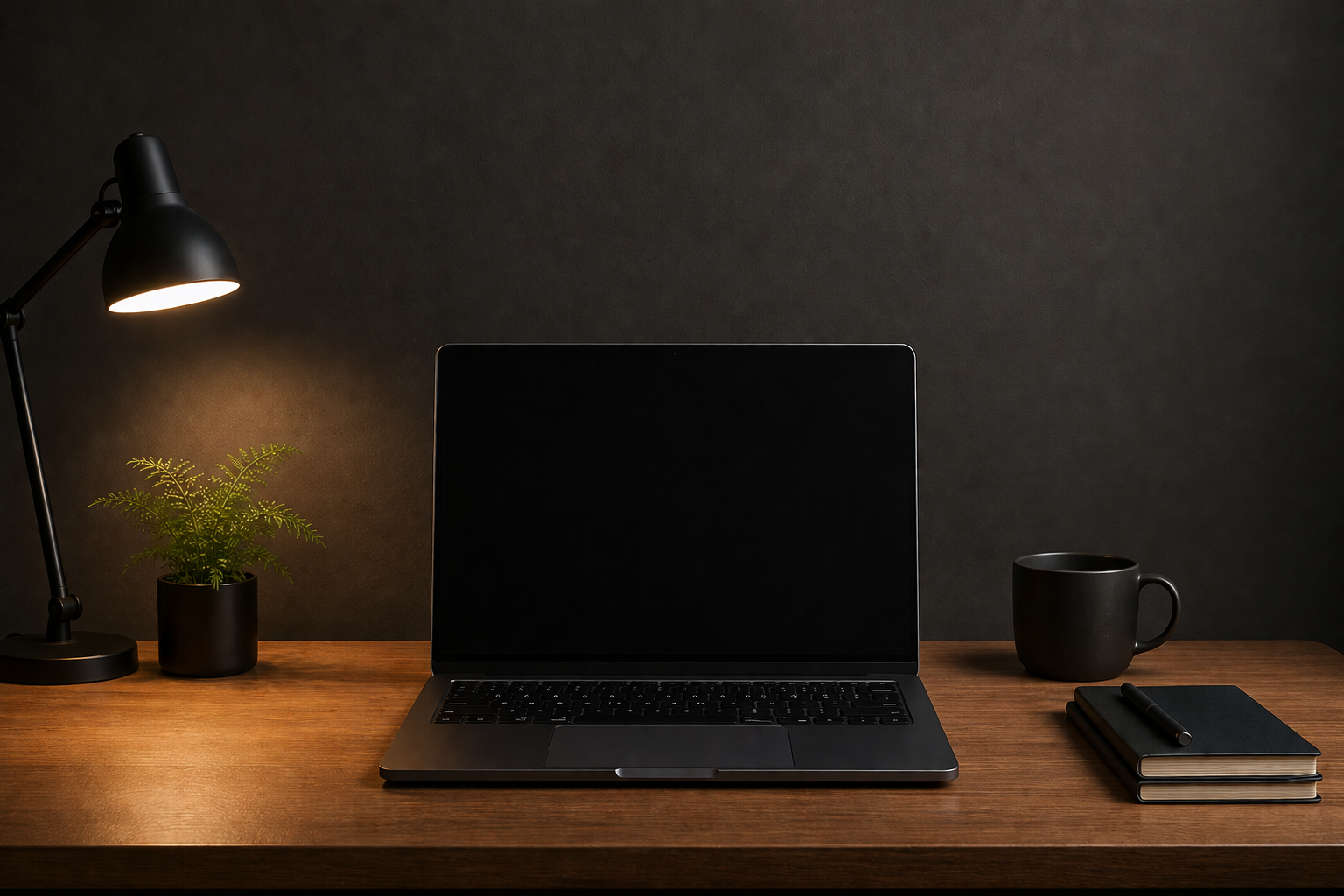 A desktop made for one – laptop, lamp, plant and notebook