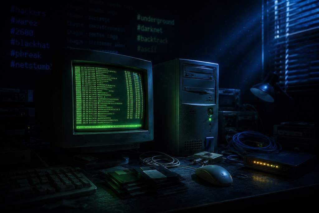 A dimly lit retro computer setup at night: a beige tower PC, a CRT monitor glowing green with code, scattered floppy disks, a coiled cable, and floating hashtag tags including #hackers, #warez, #2600, #phreak, #blackhat, #underground, #darknet.