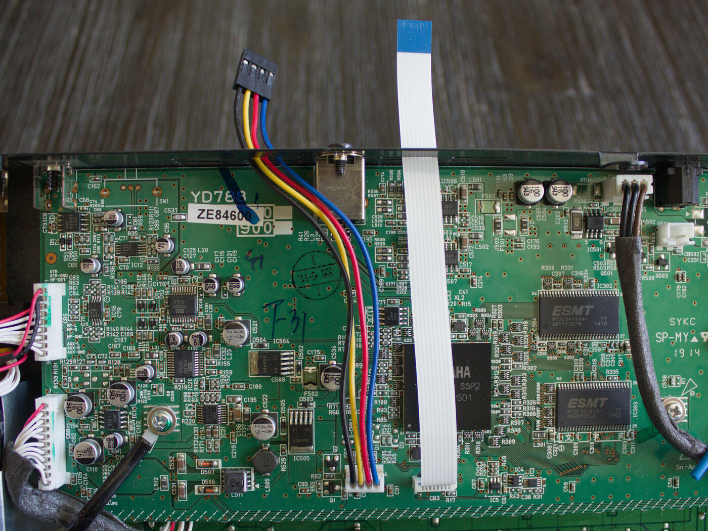 JTAG and UART cables soldered to a Yamaha THR10c guitar amp circuit board