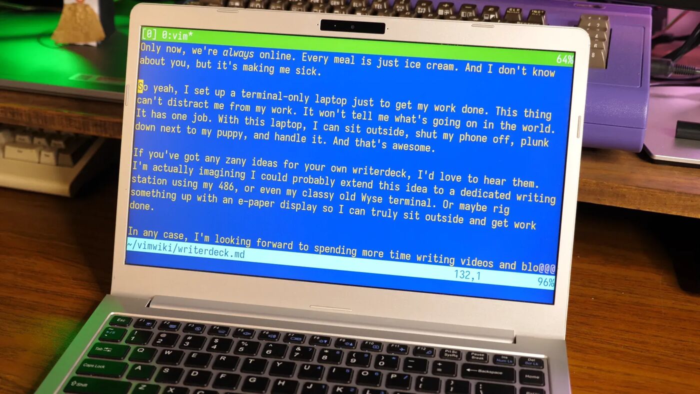 A System76 laptop running a console-only Debian writerdeck setup