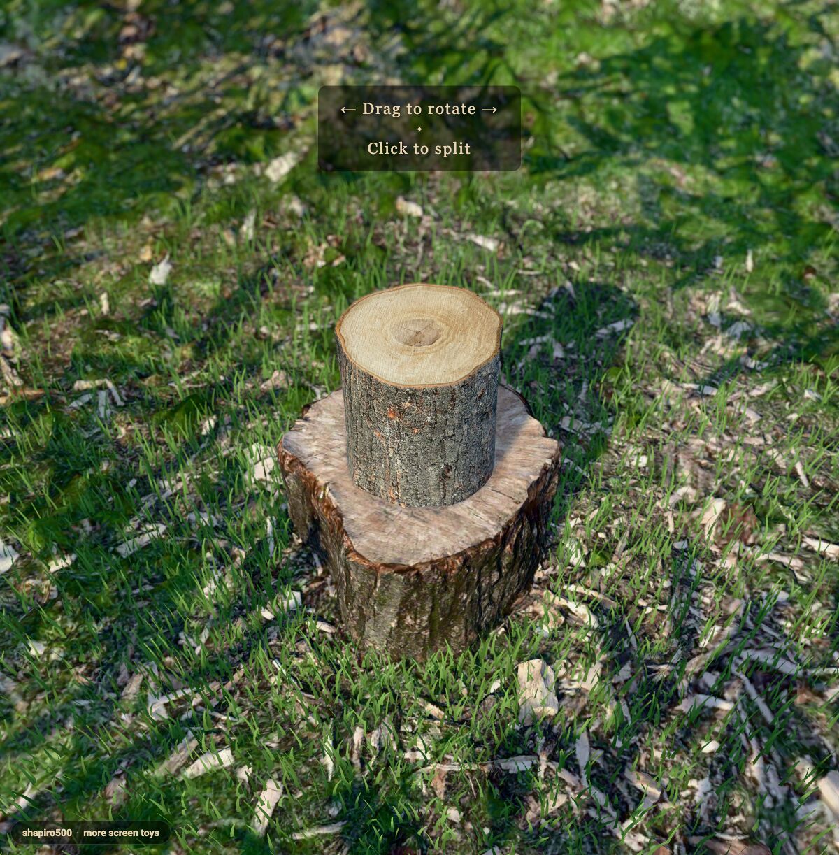 A 3D log on a chopping block in the browser toy Firewood Splitting Simulator